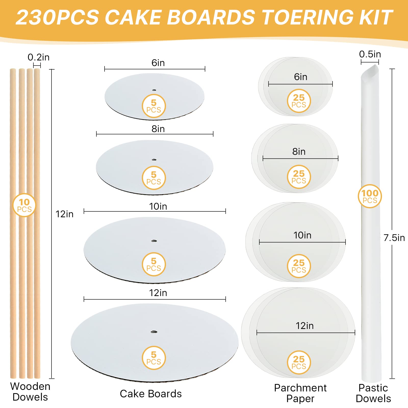 Worldity 230Pcs Cake Boards Tiering Kit, 12 Inch,10 Inch, 8 Inch, 6 Inch Cake Cardboard Rounds, Parchment Paper Rounds, Wooden D